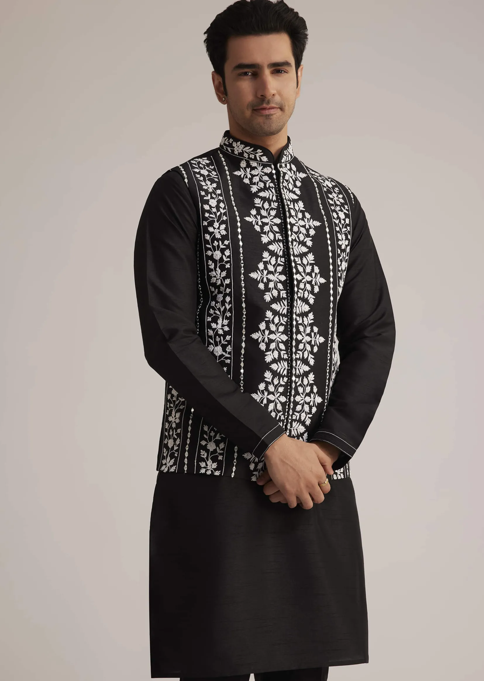 Black Cotton Silk Embroidered Jacket Kurta Set