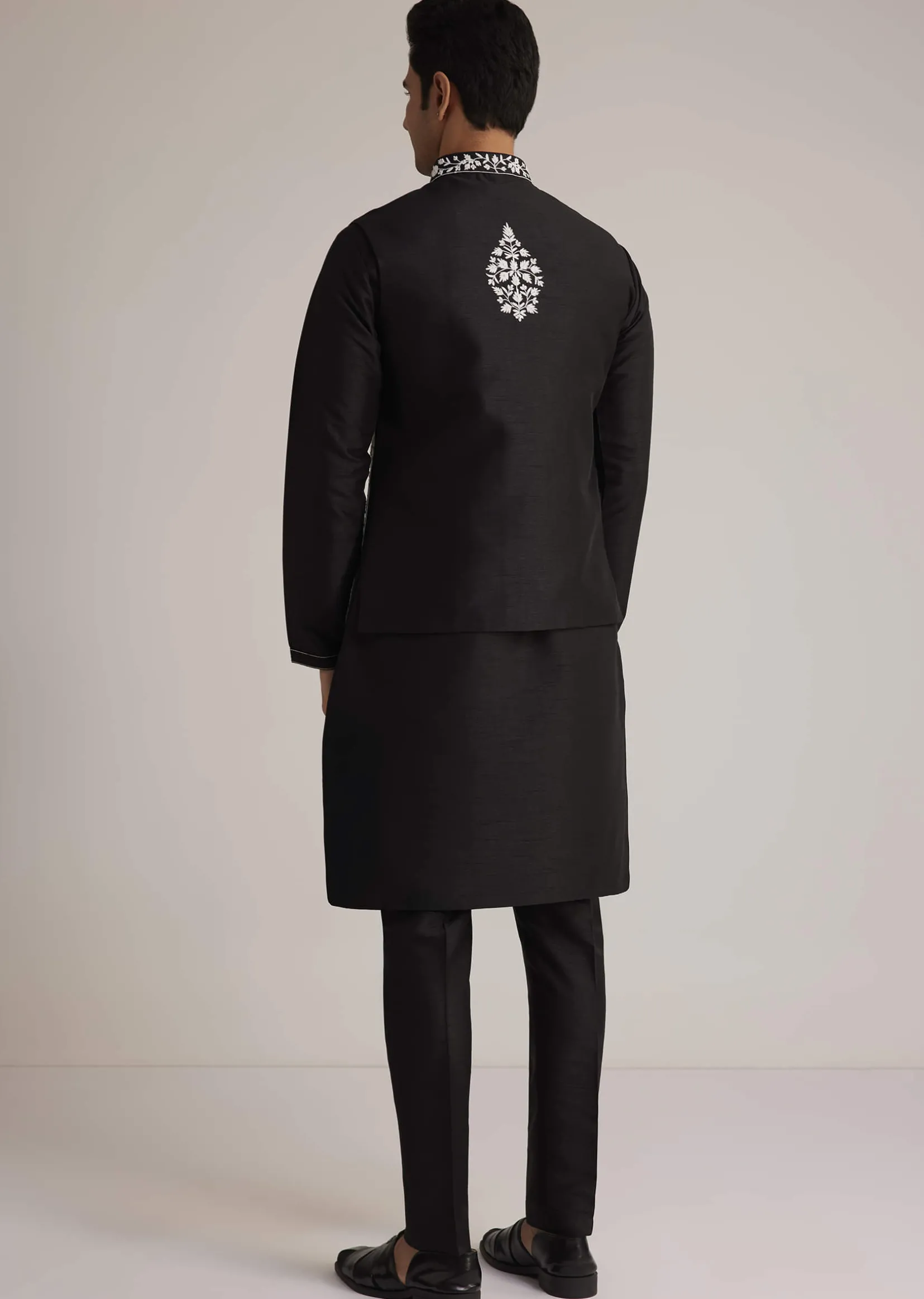 Black Cotton Silk Embroidered Jacket Kurta Set