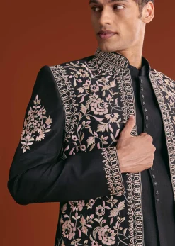 Black Cotton Silk Sherwani Suit With Floral Embroidery