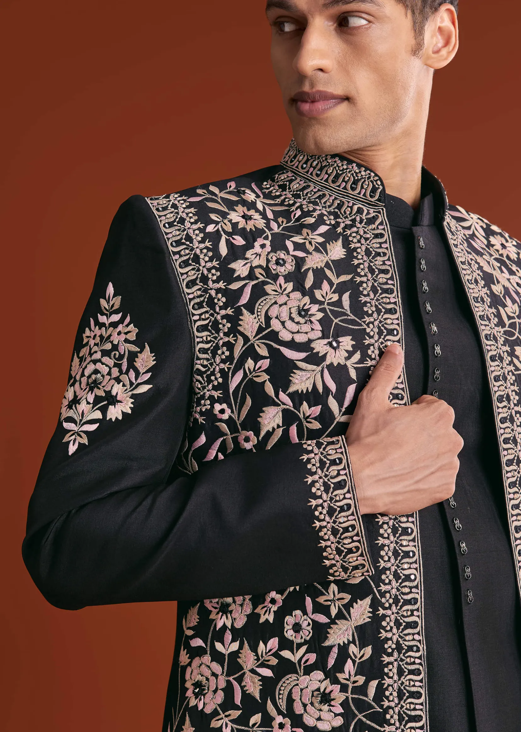 Black Cotton Silk Sherwani Suit With Floral Embroidery