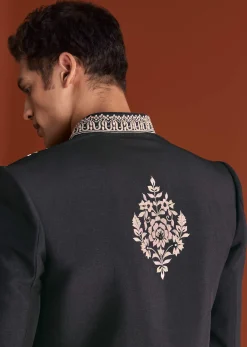 Black Cotton Silk Sherwani Suit With Floral Embroidery