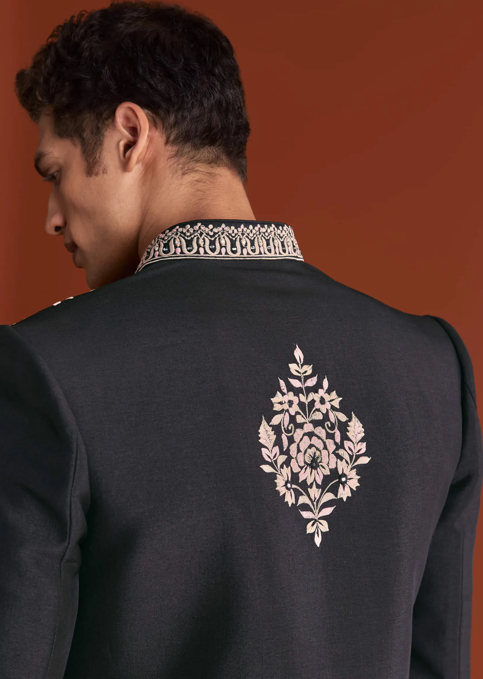 Black Cotton Silk Sherwani Suit With Floral Embroidery
