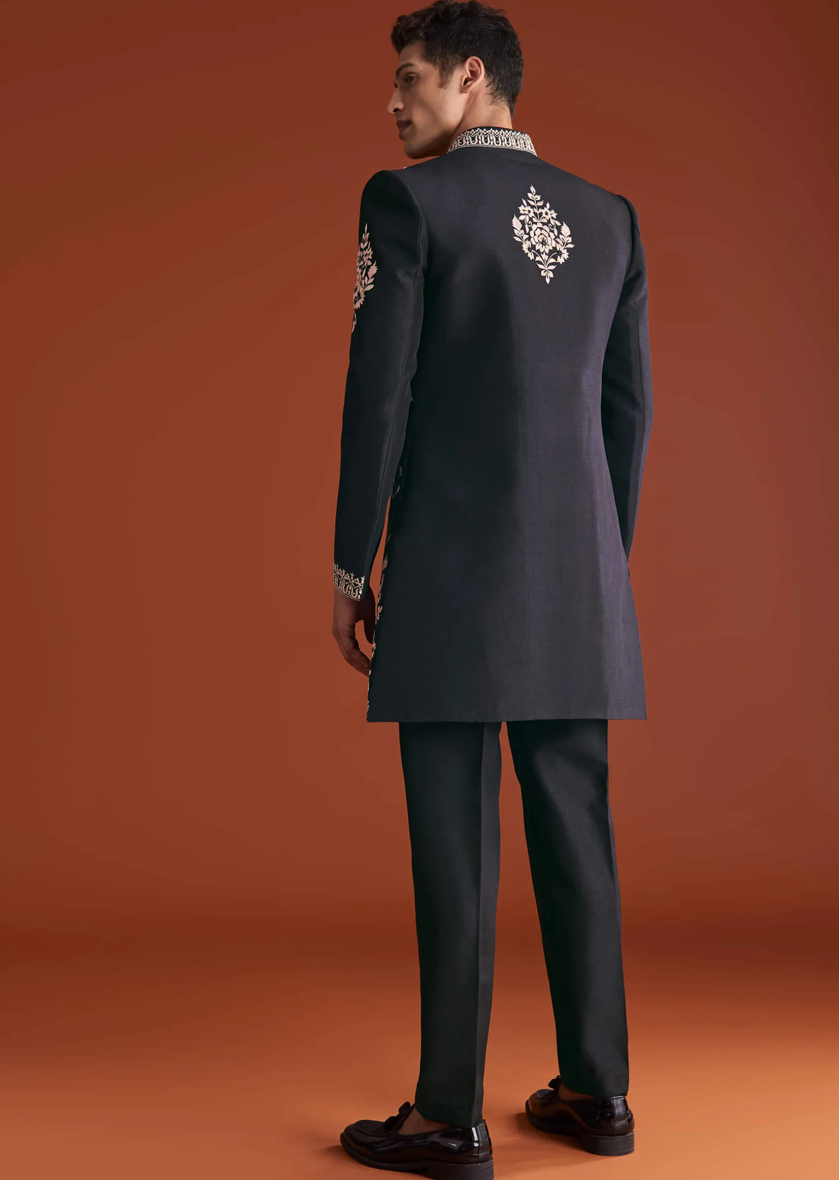 Black Cotton Silk Sherwani Suit With Floral Embroidery