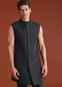 Black Cotton Silk Sherwani Suit With Floral Embroidery