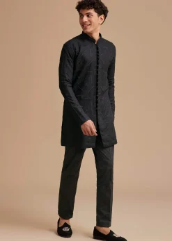 Black Cotton Textured Kurta Set