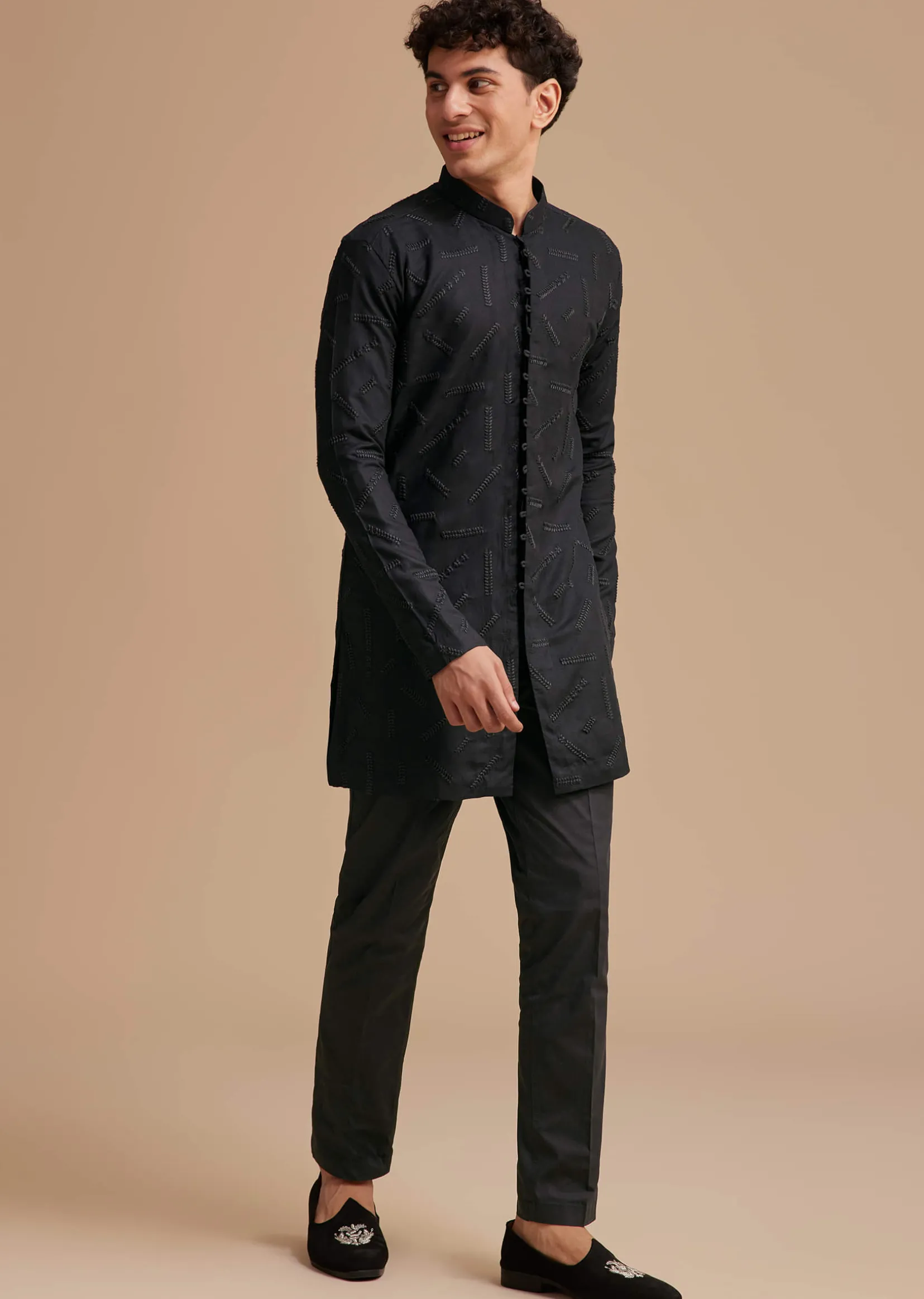Black Cotton Textured Kurta Set