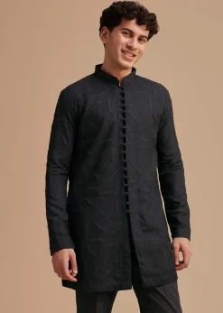 Black Cotton Textured Kurta Set