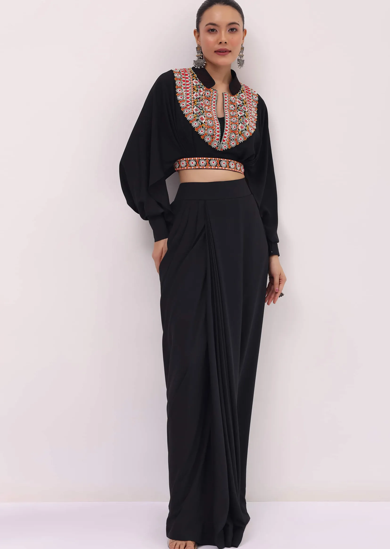 Black Crepe Crop Top And Skirt In Resham Work