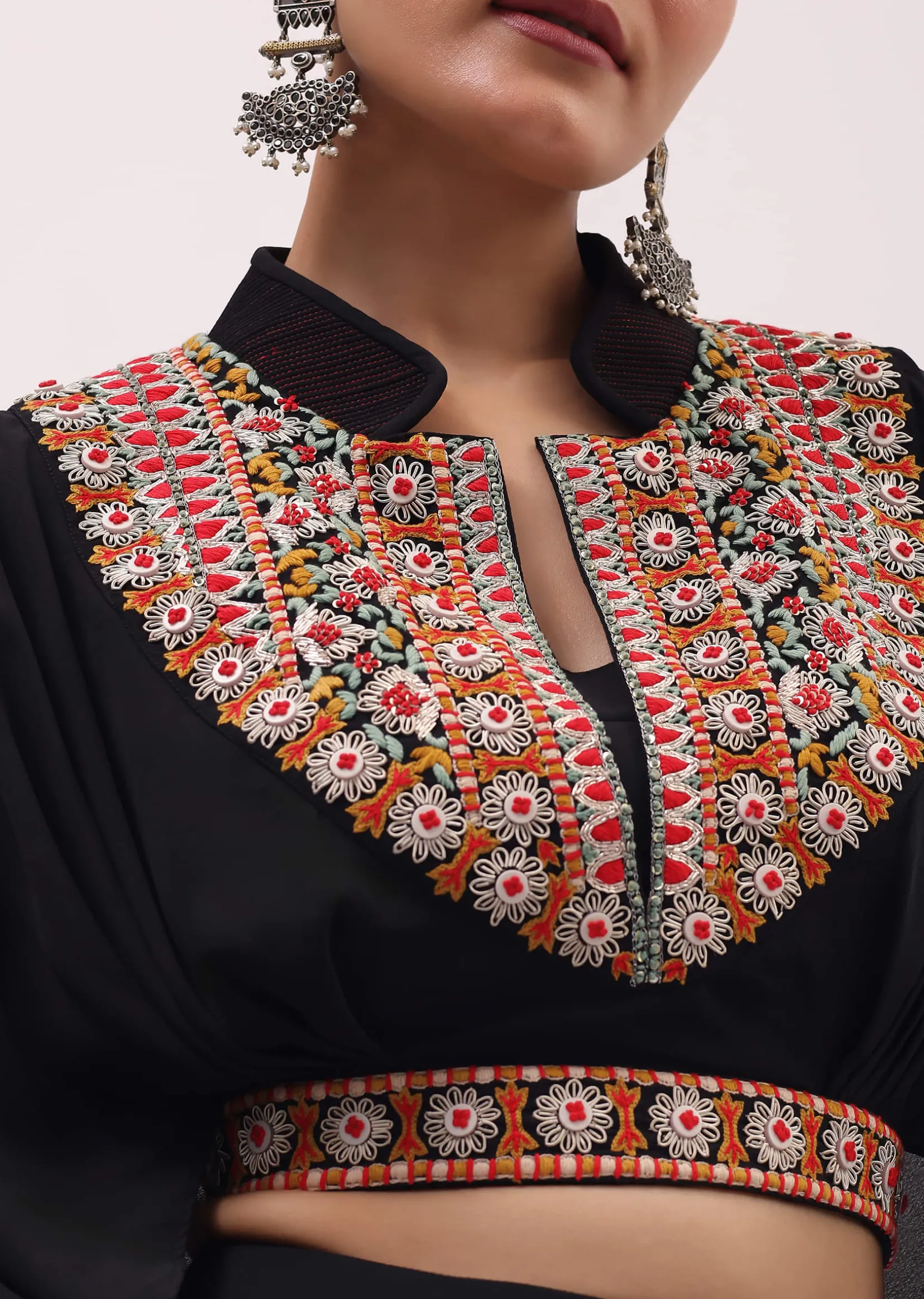 Black Crepe Crop Top And Skirt In Resham Work