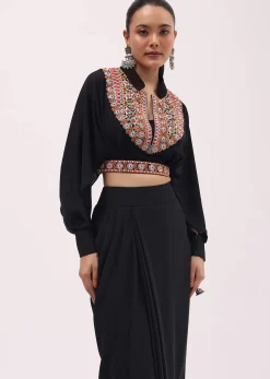 Black Crepe Crop Top And Skirt In Resham Work