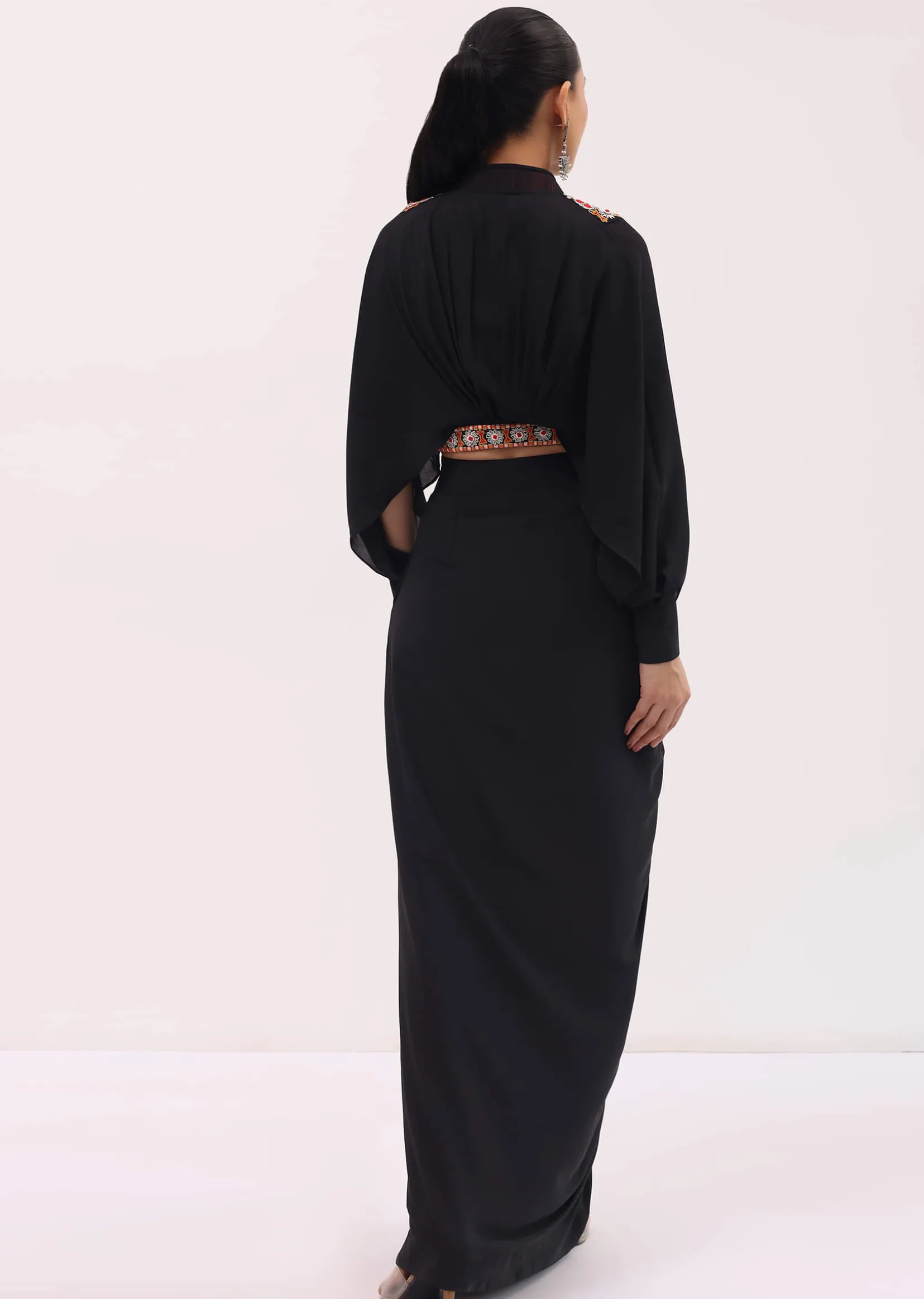 Black Crepe Crop Top And Skirt In Resham Work