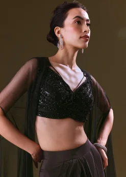 Black Crepe Drape Skirt Choli And Tulle Cape Set