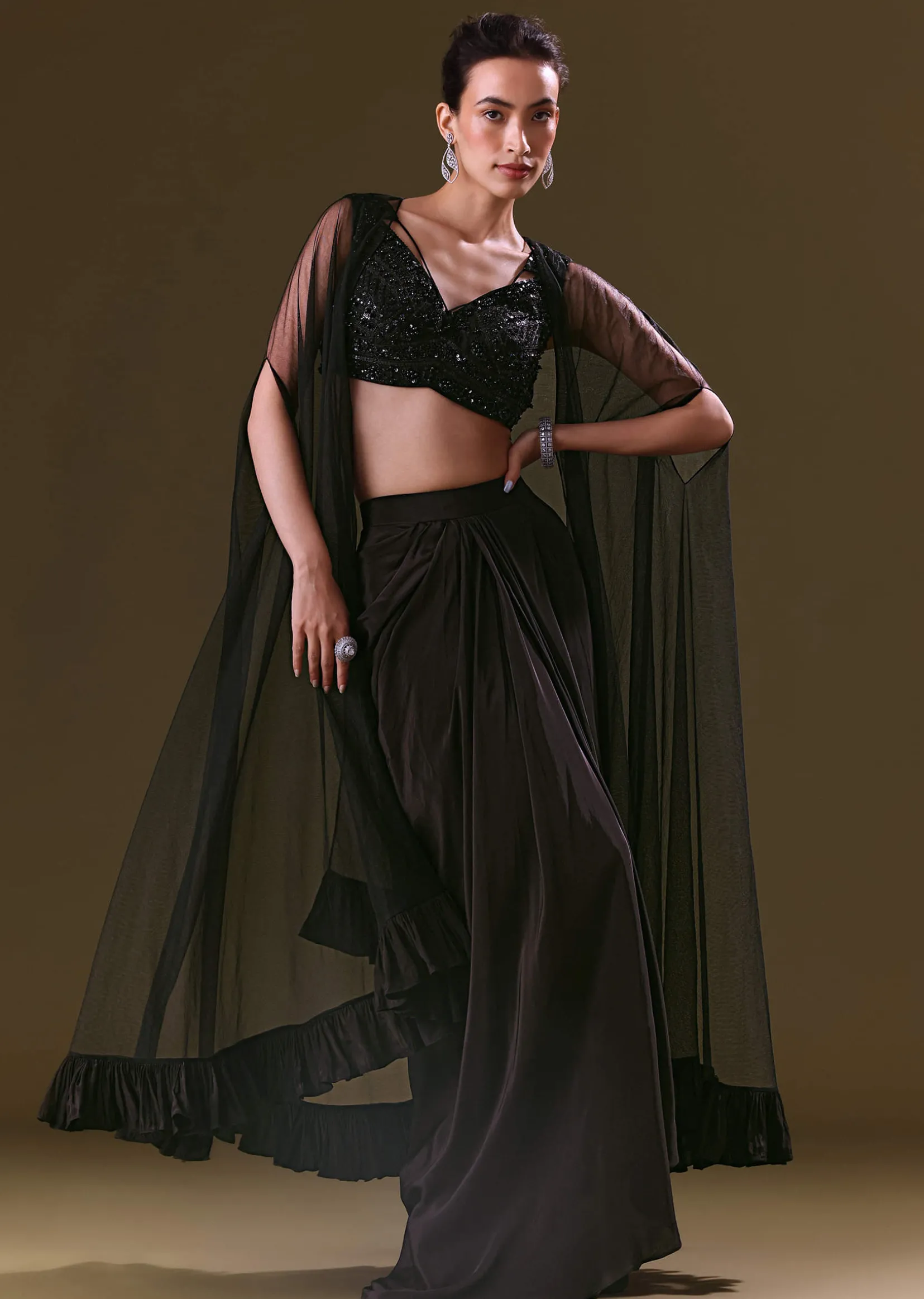 Black Crepe Drape Skirt Choli And Tulle Cape Set