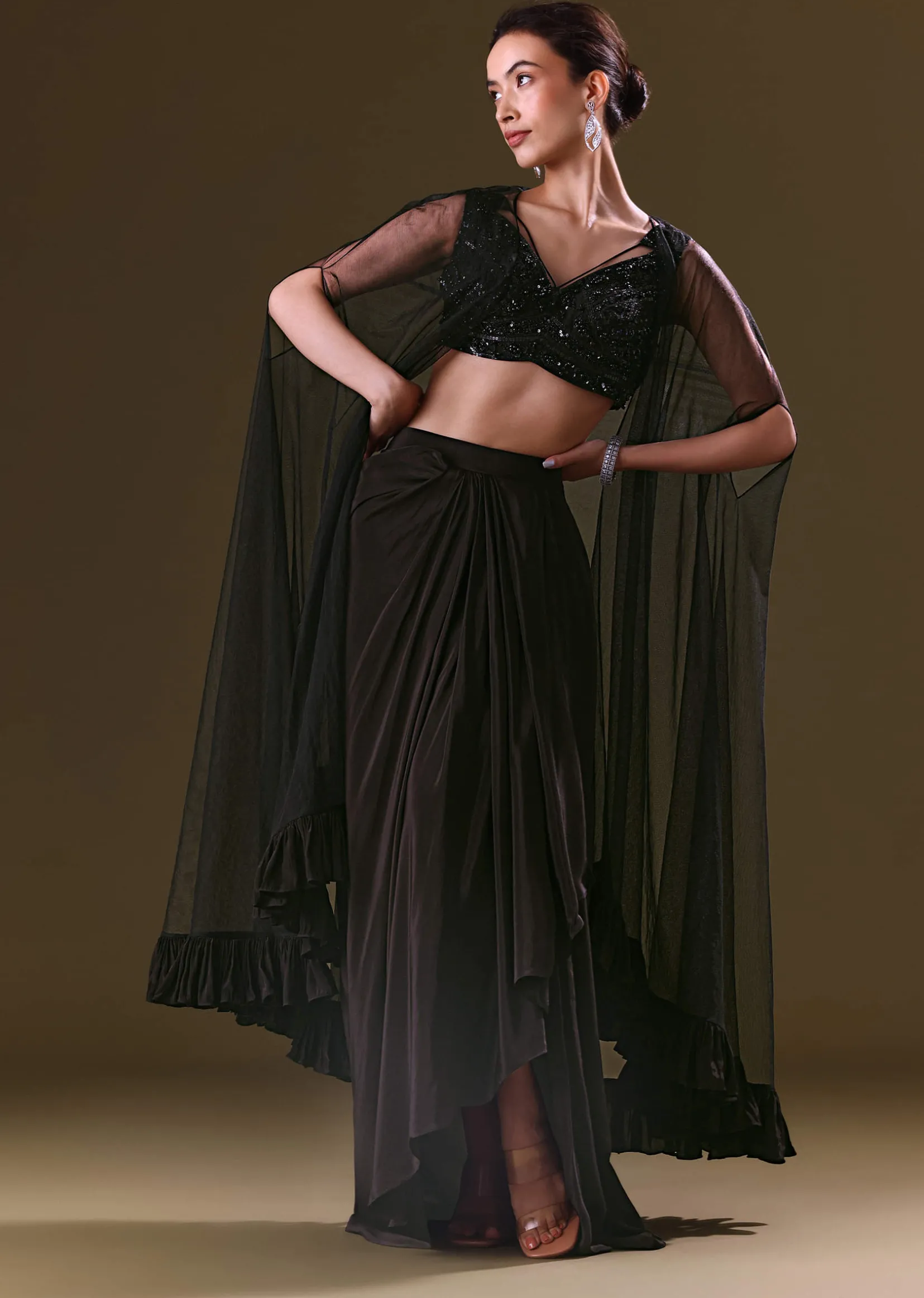 Black Crepe Drape Skirt Choli And Tulle Cape Set