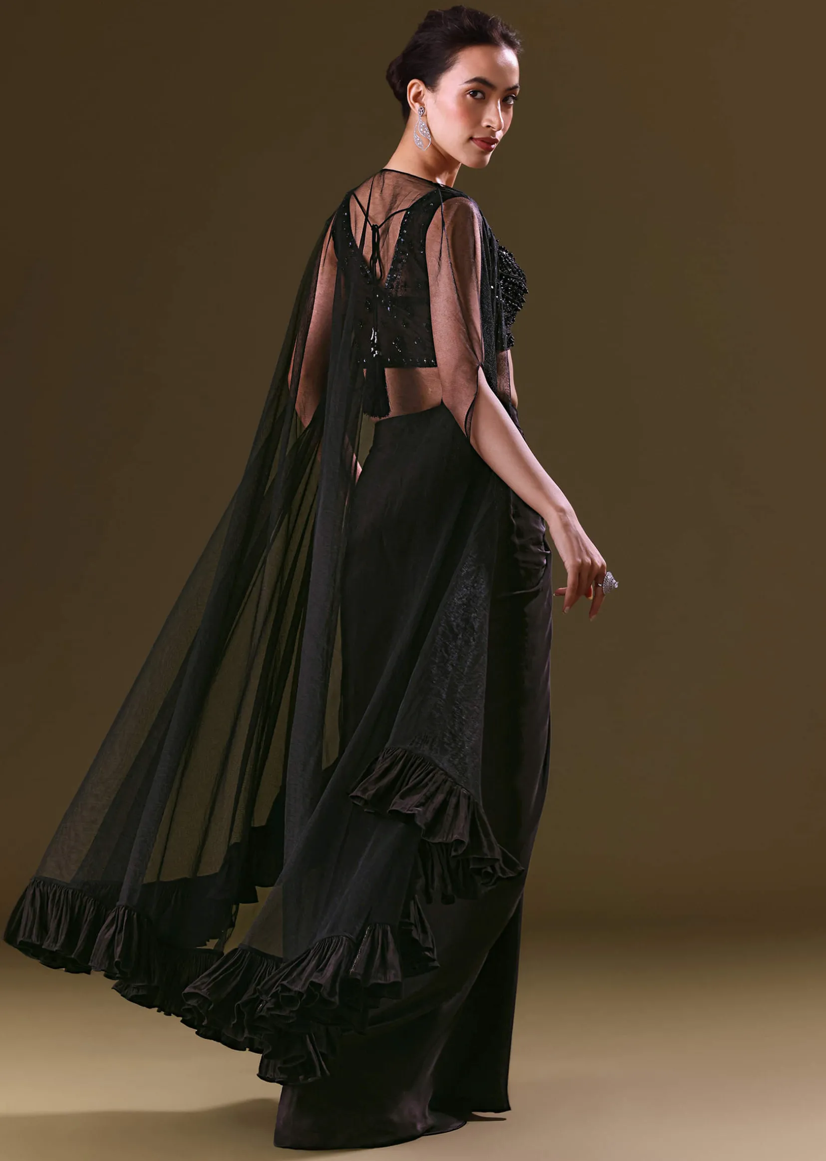 Black Crepe Drape Skirt Choli And Tulle Cape Set