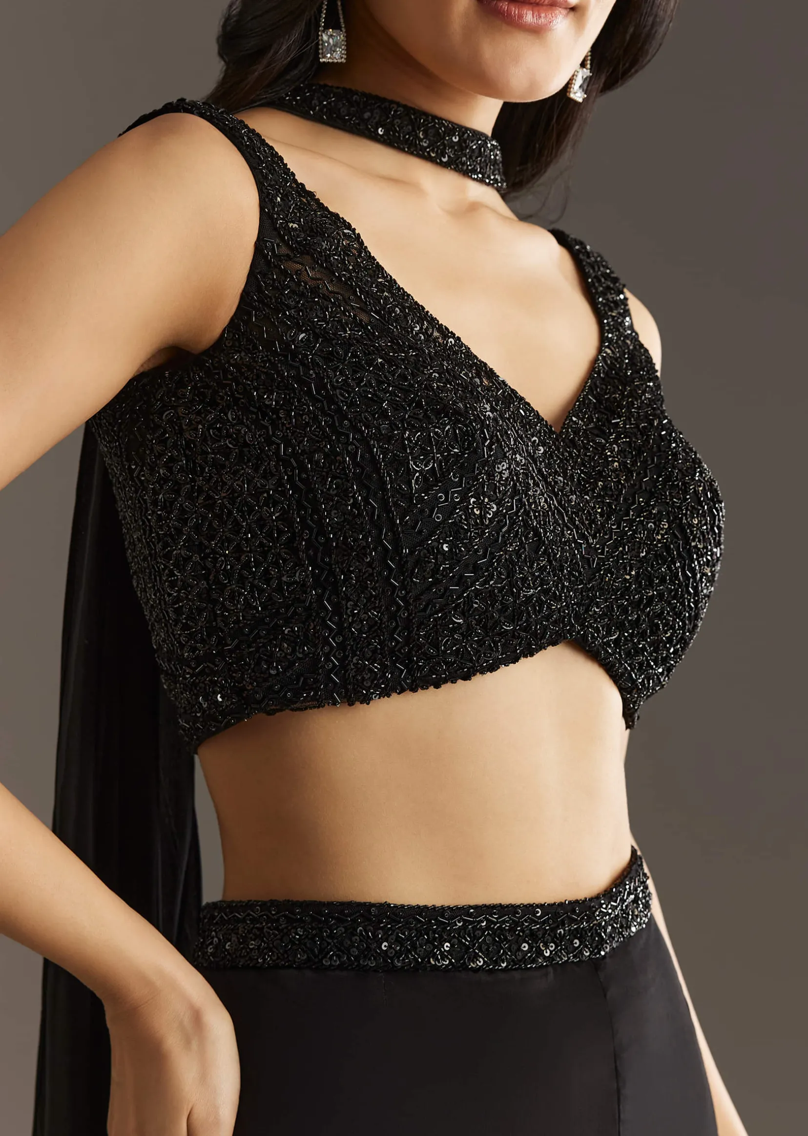 Black Crepe Embroidered Croptop With Embroidered Palazzo And Choker Dupatta