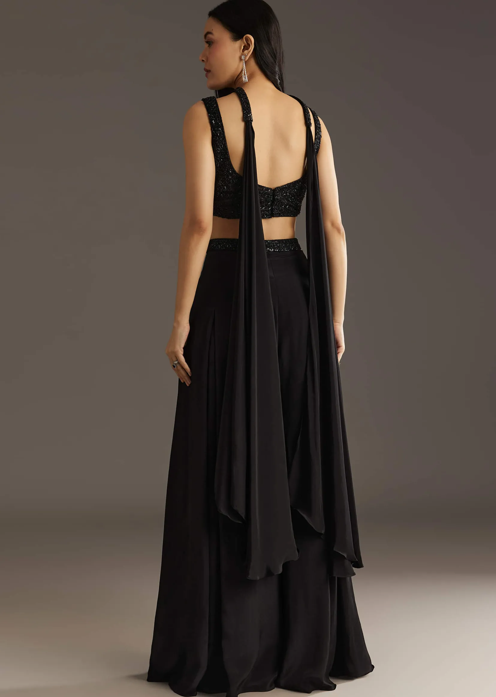 Black Crepe Embroidered Croptop With Embroidered Palazzo And Choker Dupatta