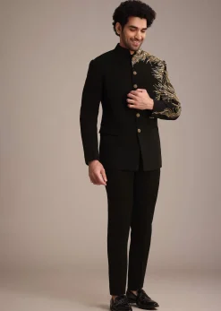 Black Crepe Tuxedo Suit With Hand Work