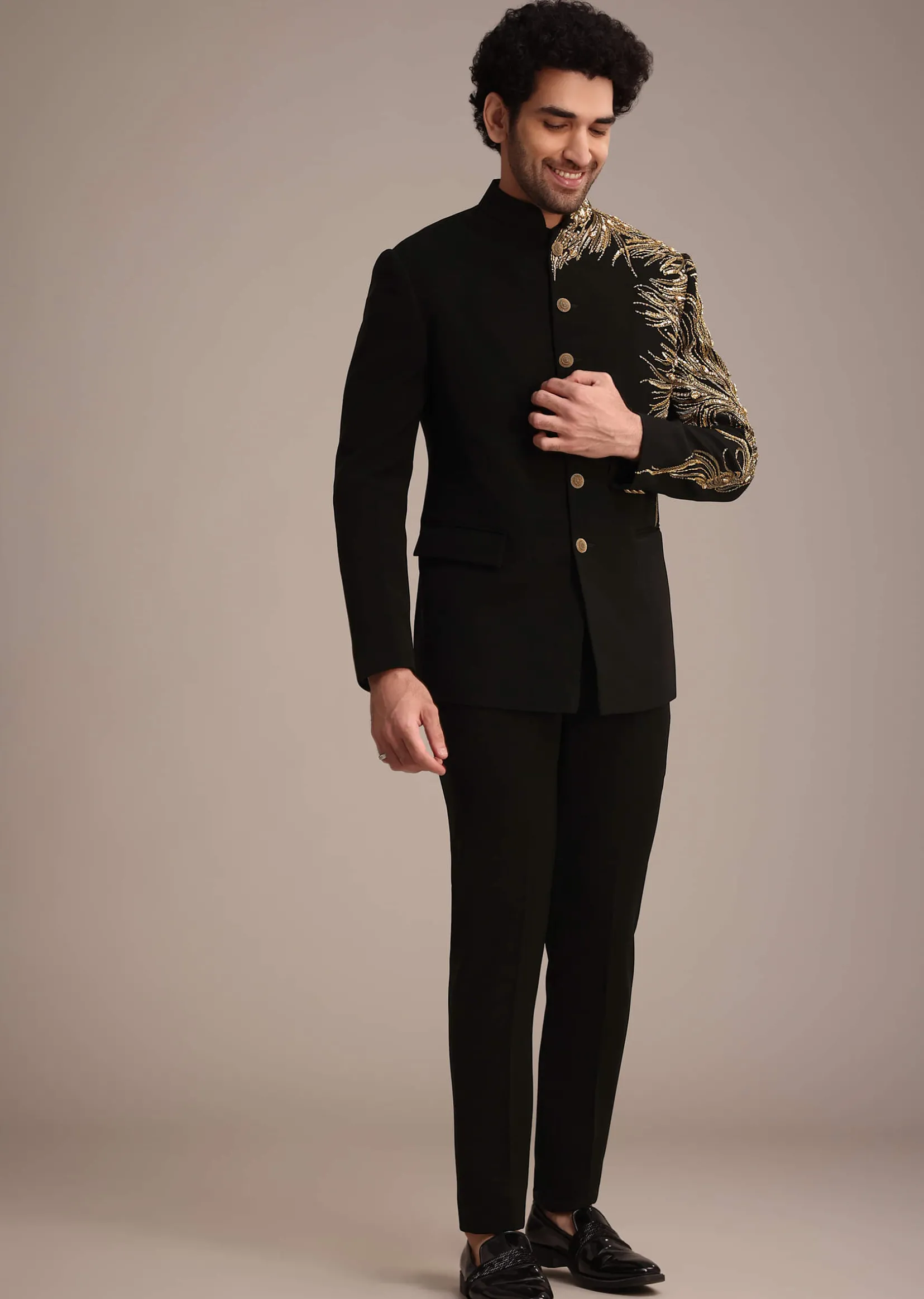 Black Crepe Tuxedo Suit With Hand Work
