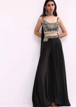 Black Crop Top And Palazzo Set With Zari Work