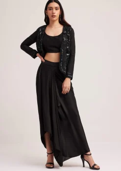 Black Crop Top Skirt And Embellished Jacket Set