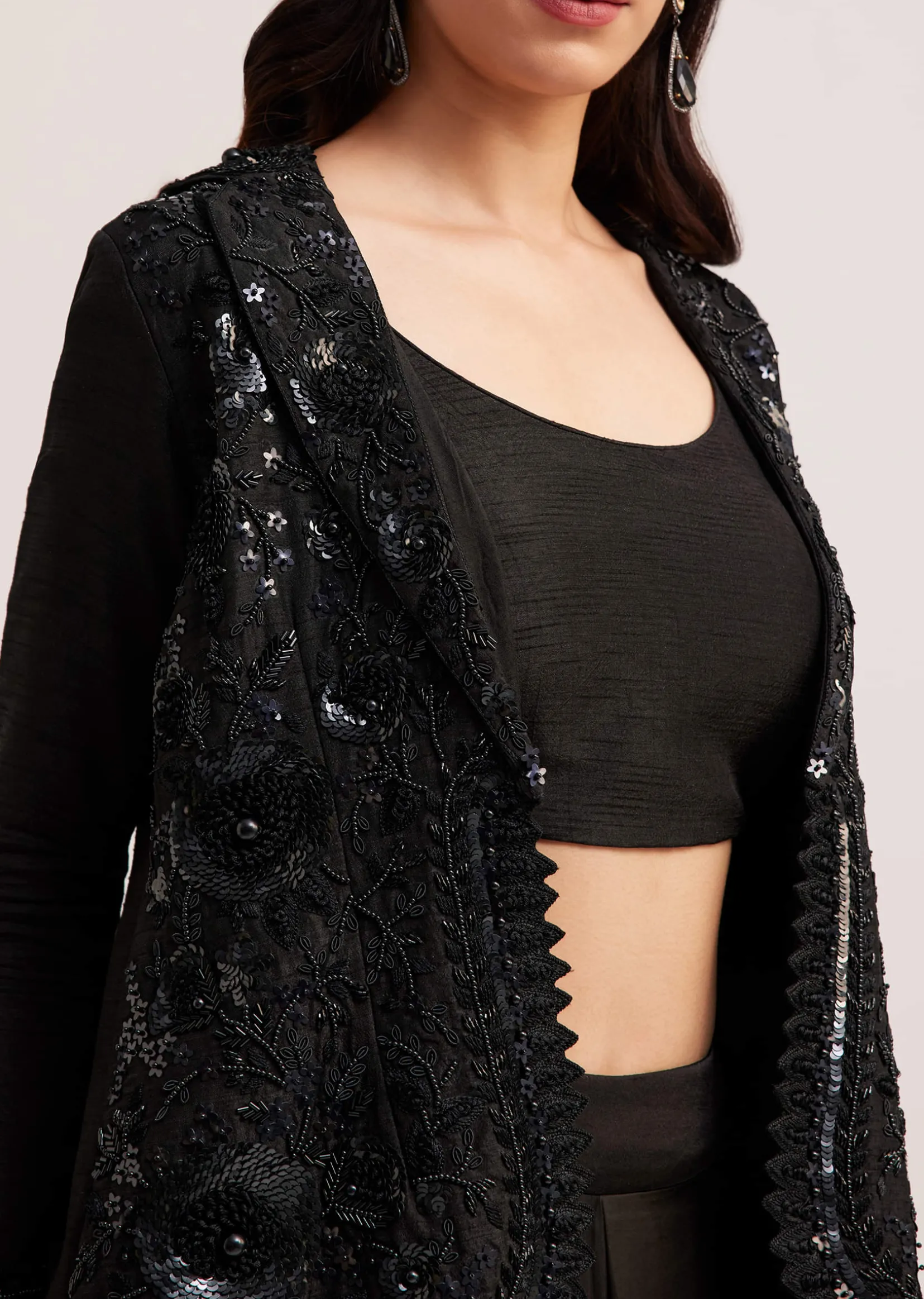 Black Crop Top Skirt And Embellished Jacket Set