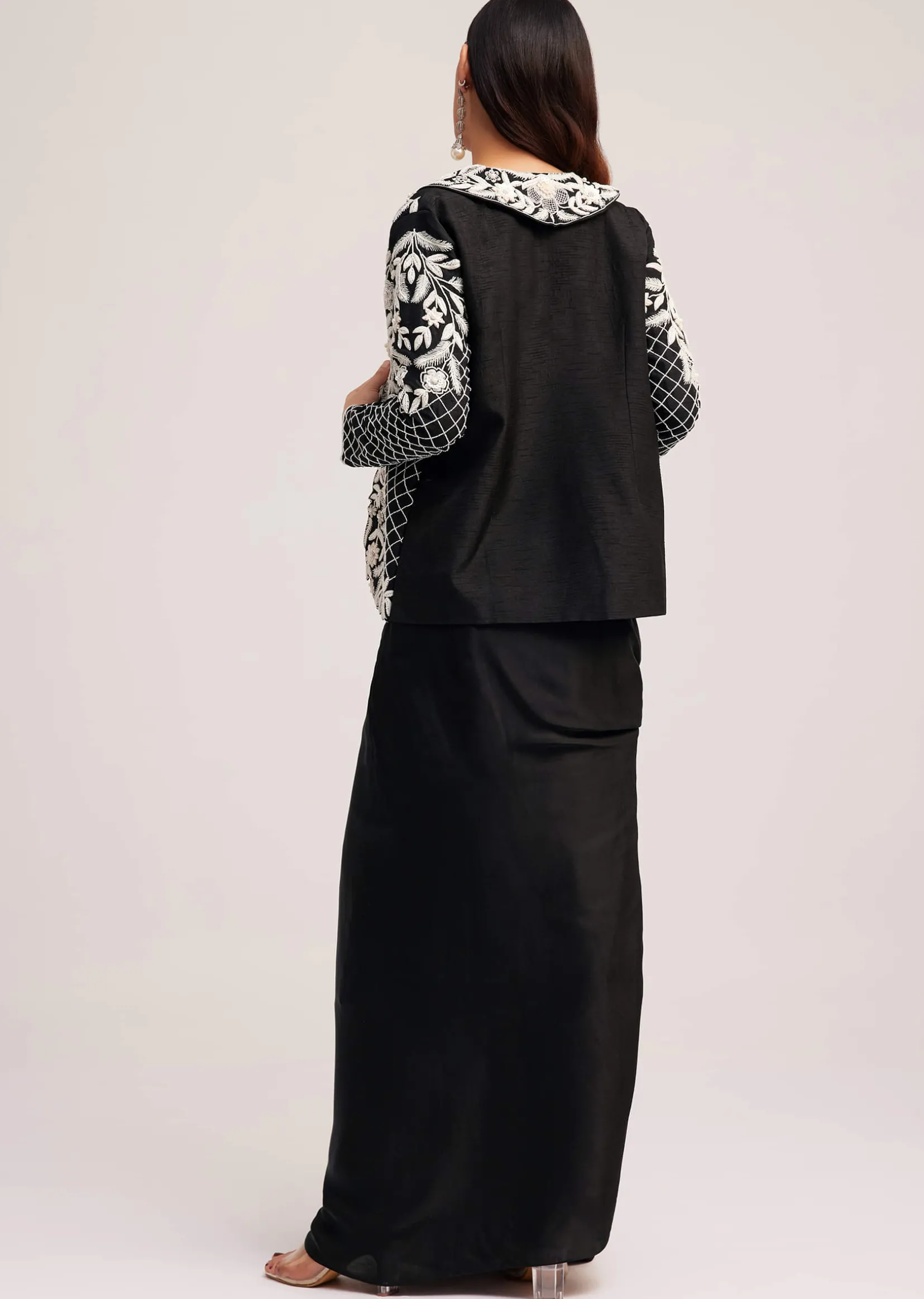 Black Crop Top Skirt And Embroidered Jacket Set