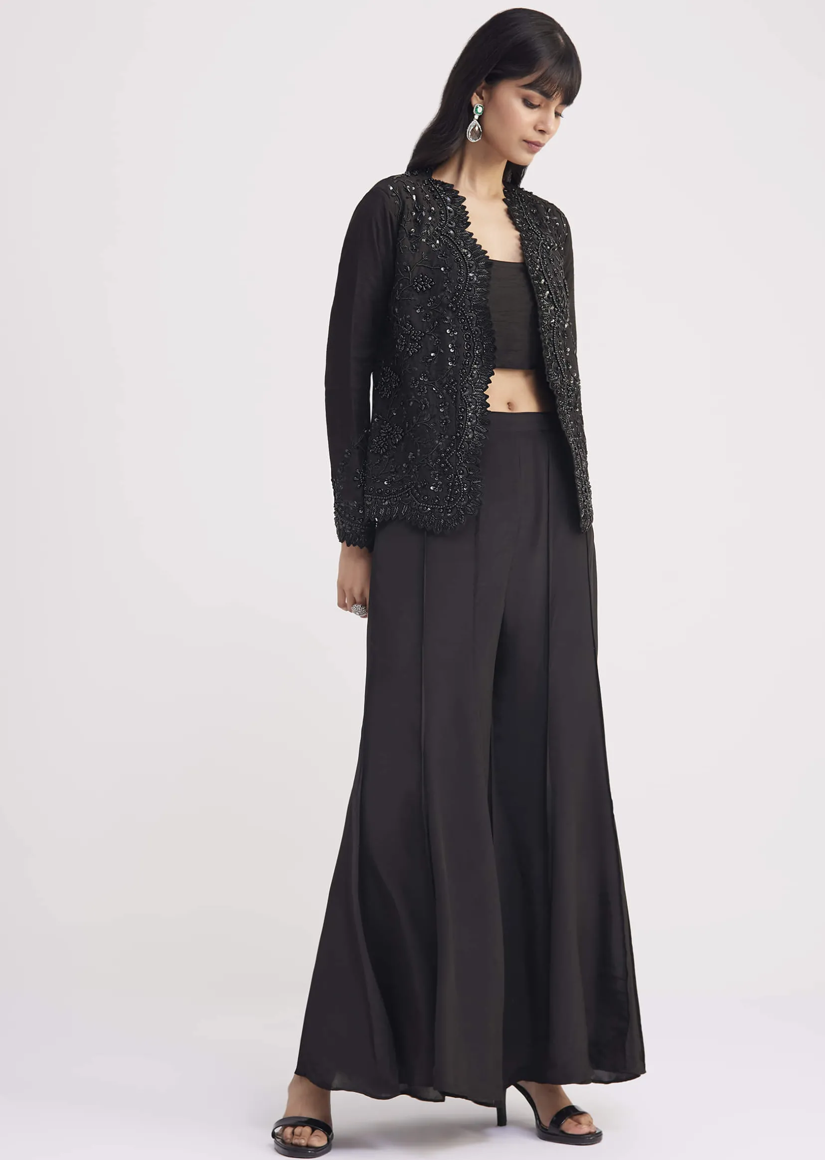 Black Crop Top With Flared Satin Palazzo