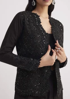 Black Crop Top With Flared Satin Palazzo