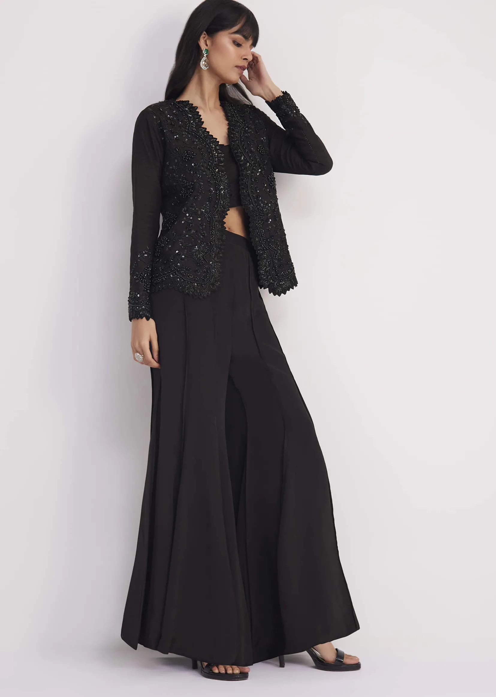 Black Crop Top With Flared Satin Palazzo