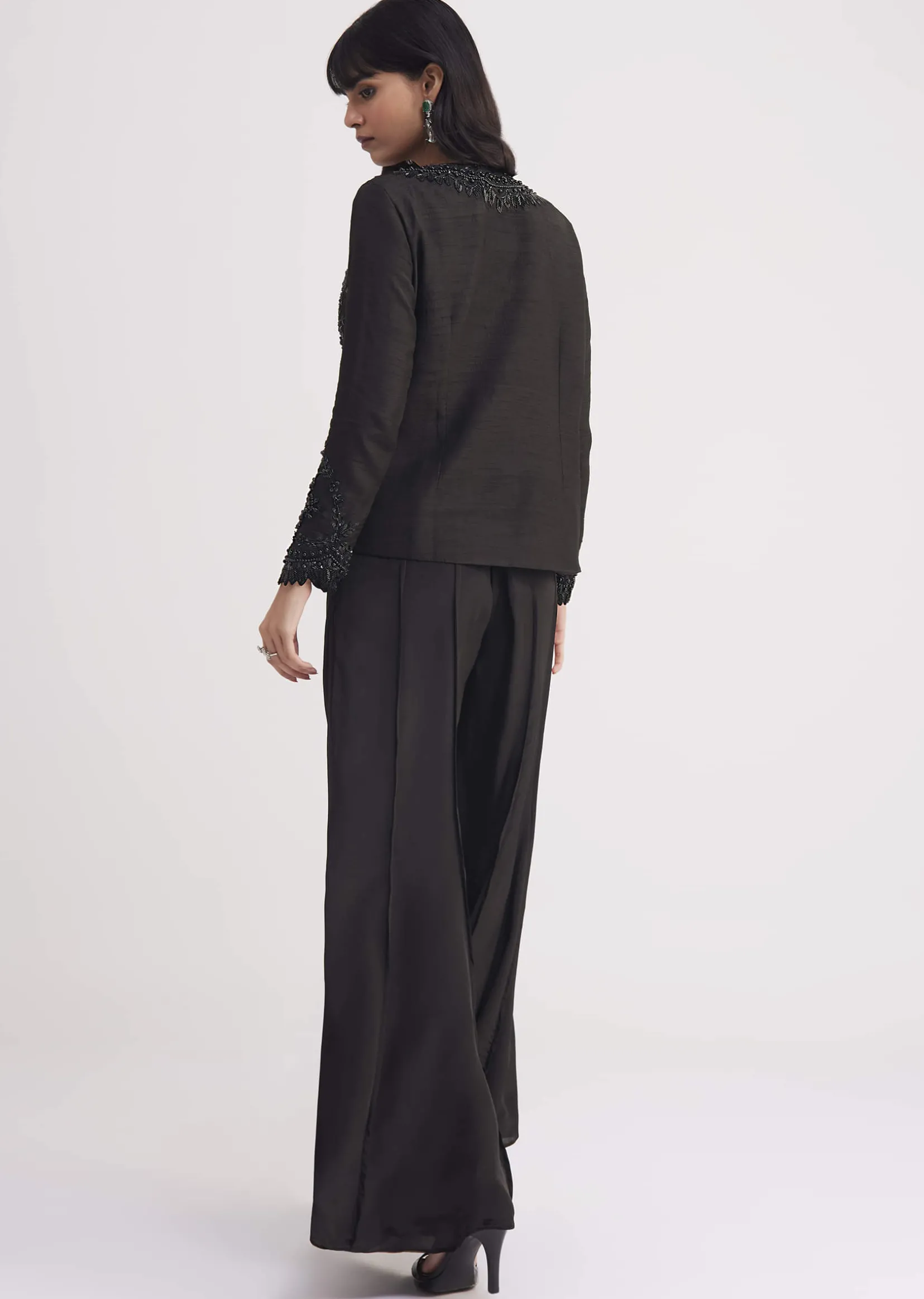 Black Crop Top With Flared Satin Palazzo
