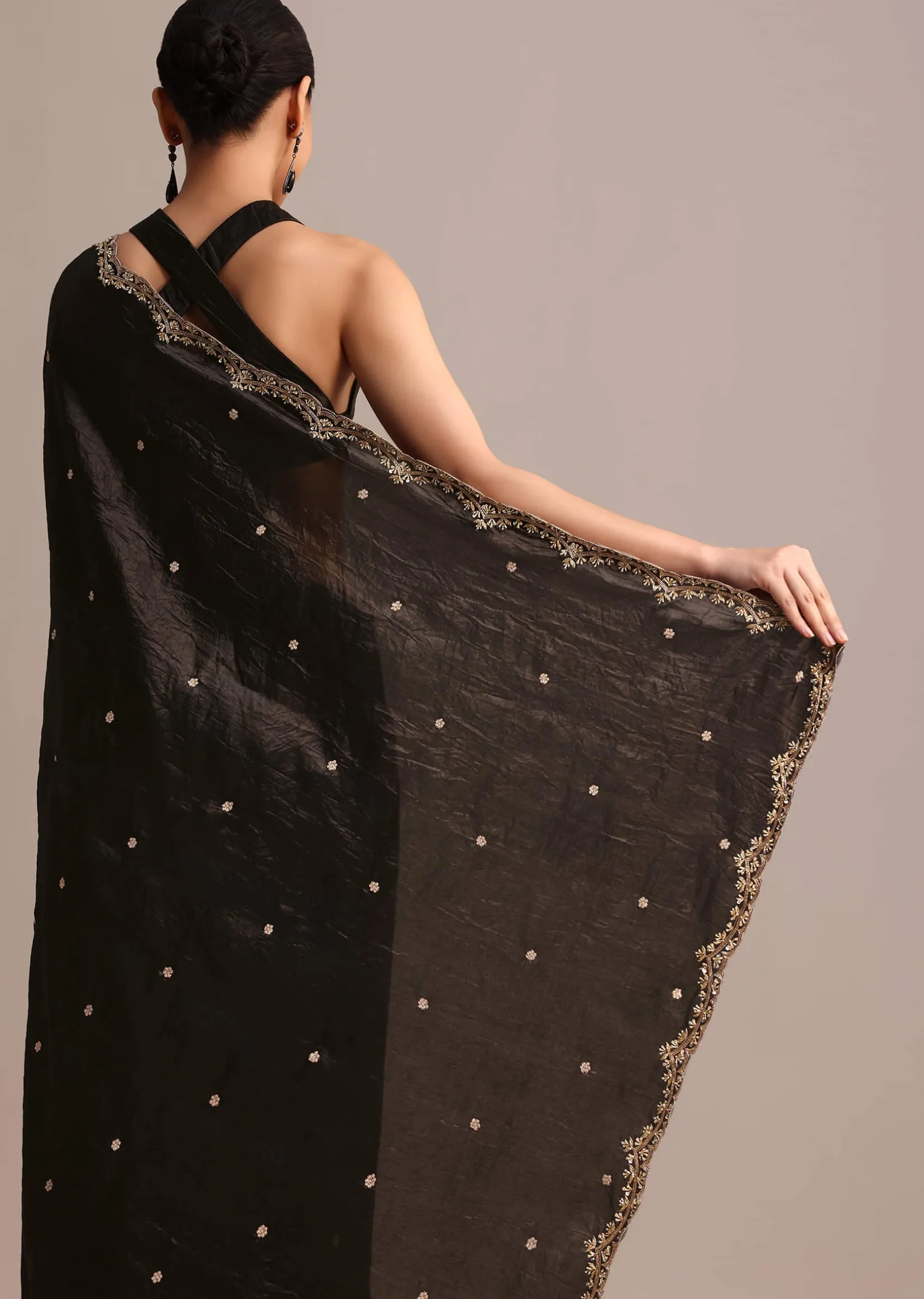 Black Crushed Tissue Saree With Sequin And Cutdana Embroidered Border