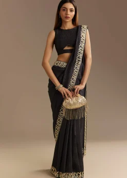 Black Crushed Tissue Saree With Scallop Border And Stone Embroidery
