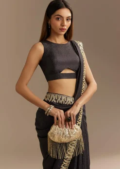 Black Crushed Tissue Saree With Scallop Border And Stone Embroidery