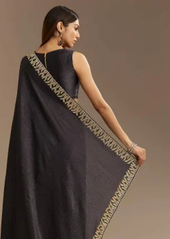 Black Crushed Tissue Saree With Scallop Border And Stone Embroidery