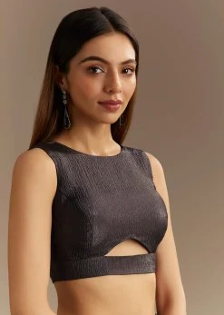 Black Crushed Tissue Saree With Scallop Border And Stone Embroidery