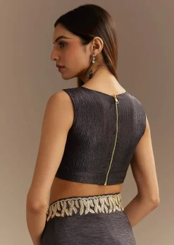 Black Crushed Tissue Saree With Scallop Border And Stone Embroidery