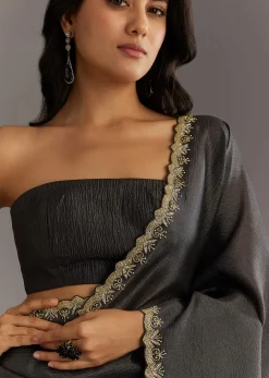 Black Crushed Tissue Saree With Scallop Embroidered Border