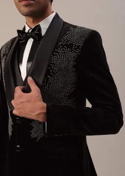 Black Crystal Handwork Tuxedo Set In Velvet