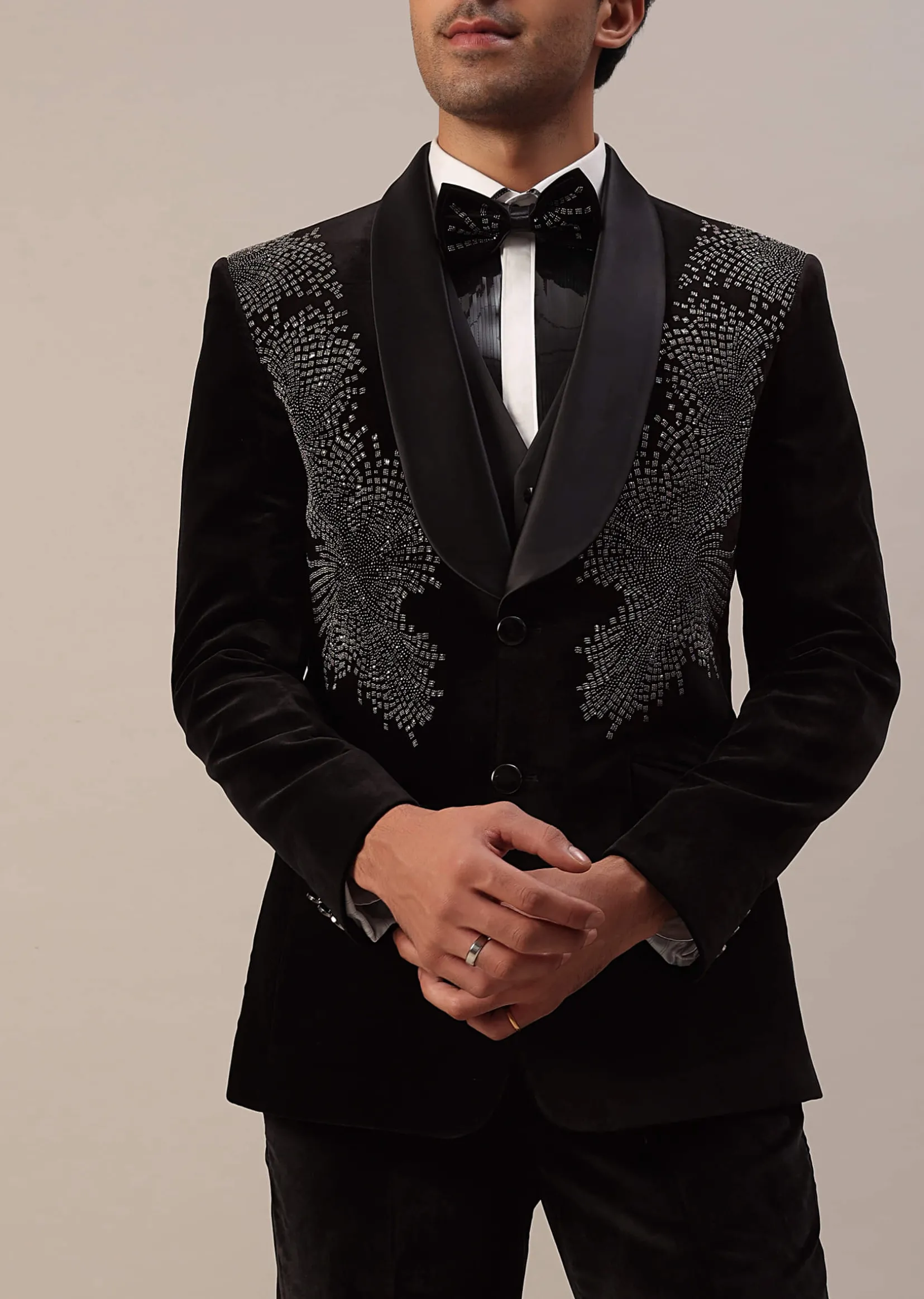 Black Crystal Handwork Tuxedo Set In Velvet
