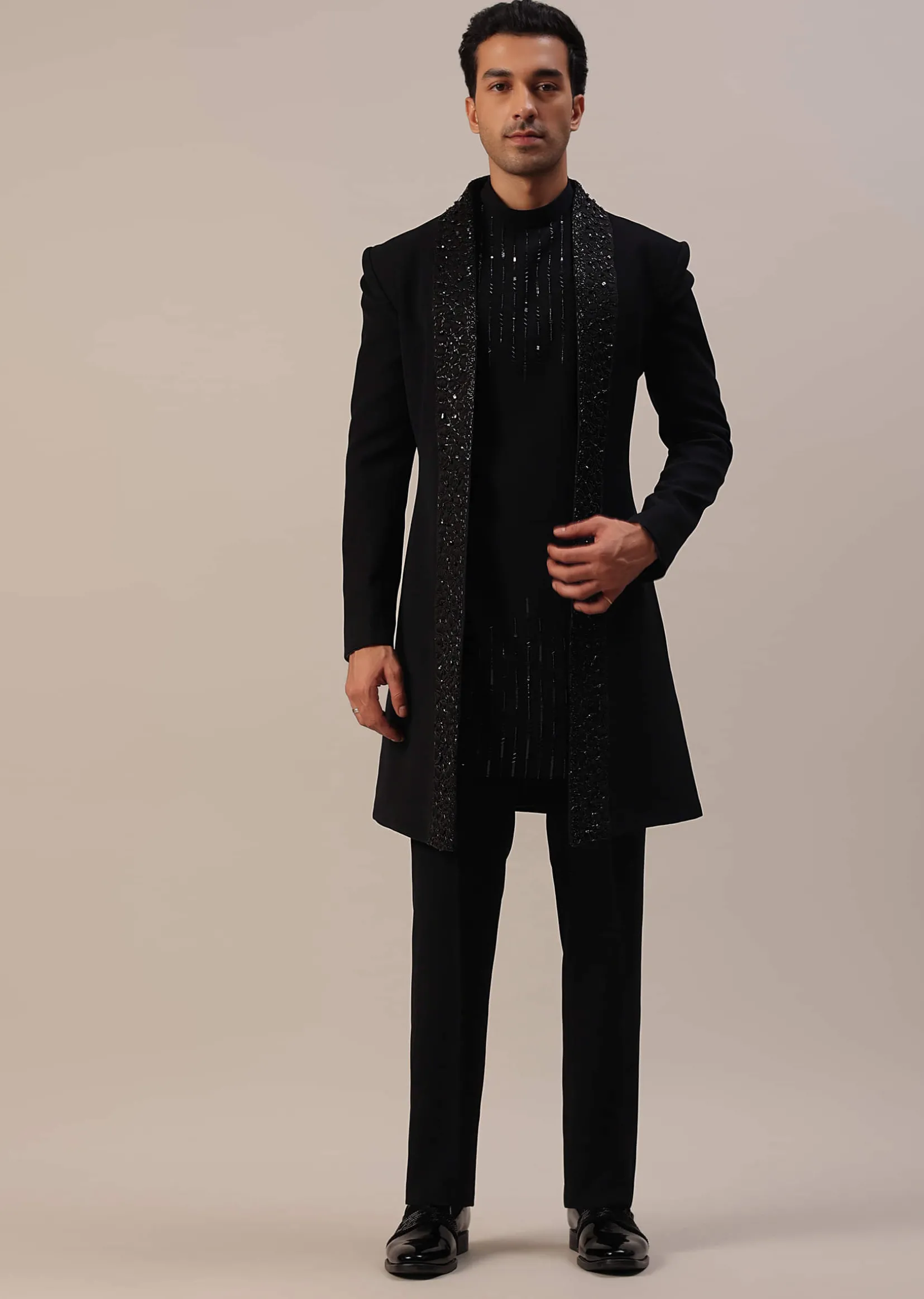 Black Cut Dana And Sequins Embroidered Indowestern In Suiting Fabric