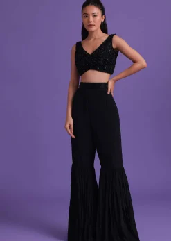 Black Cut Dana Embroidered Sharara And Blouse Set With Shrug in Satin