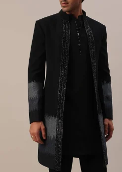 Black Cut Dana Embroidered Indowestern In Suiting Fabric