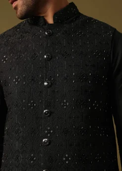 Black Cutdana Embroidered Kurta Jacket Set