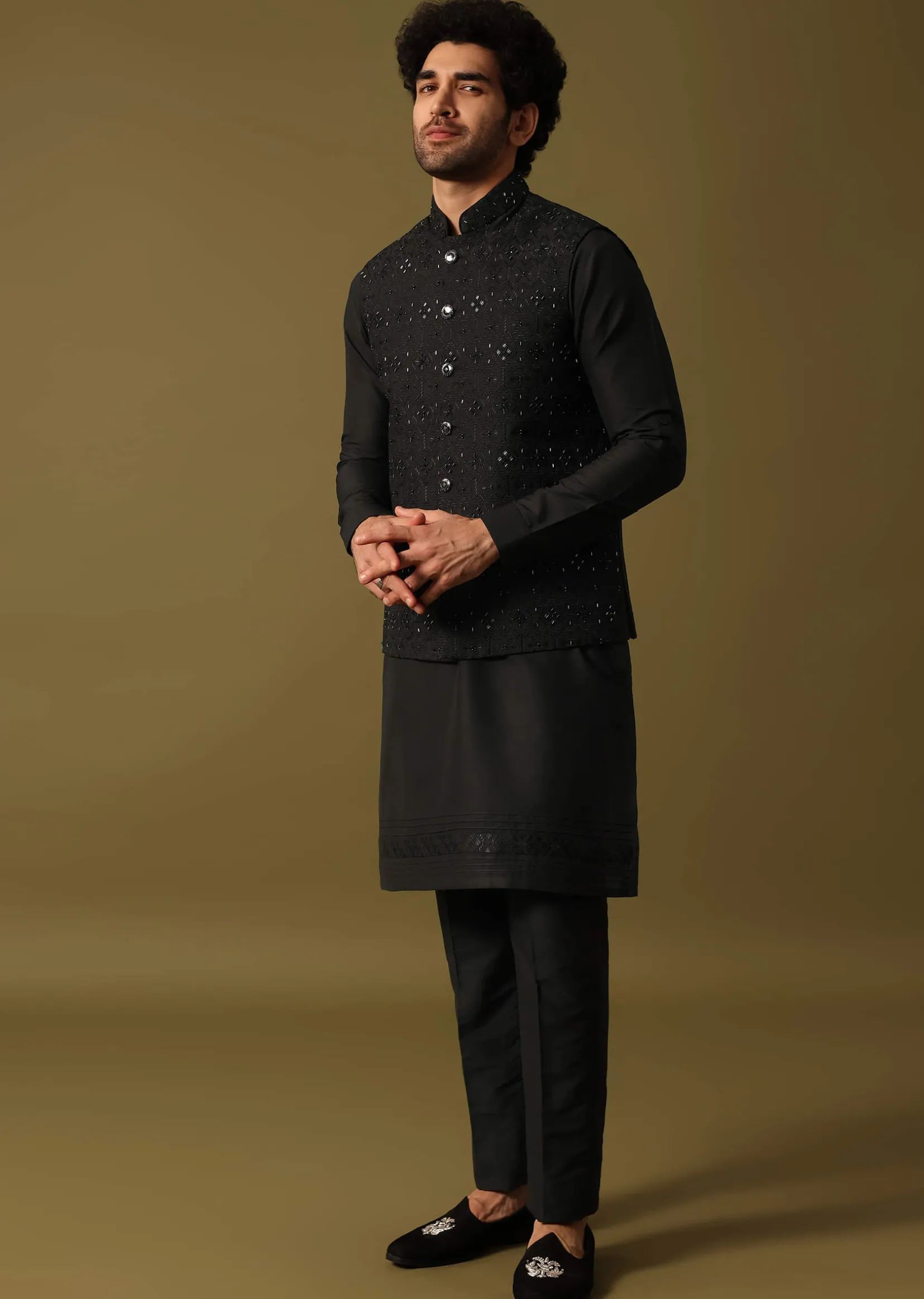 Black Cutdana Embroidered Kurta Jacket Set