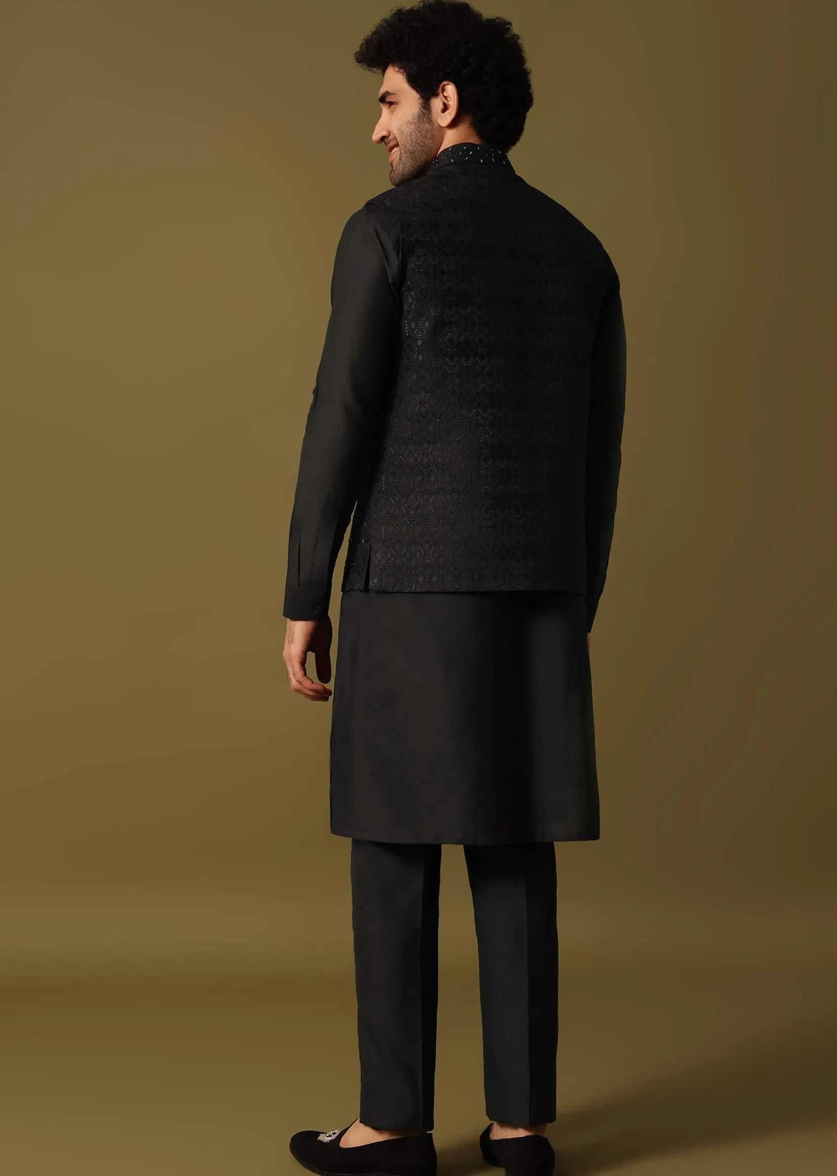Black Cutdana Embroidered Kurta Jacket Set