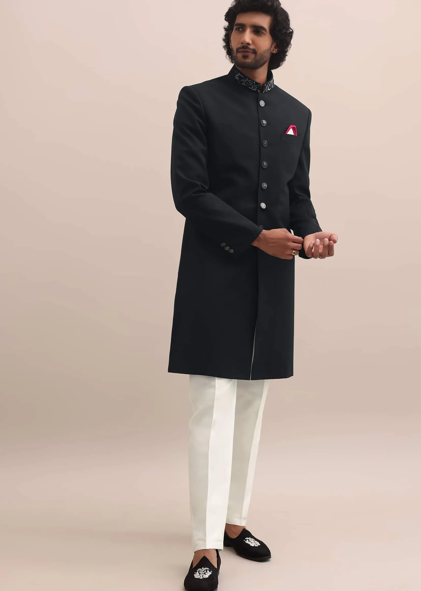Black Cutdana Embroidered Sherwani For Men