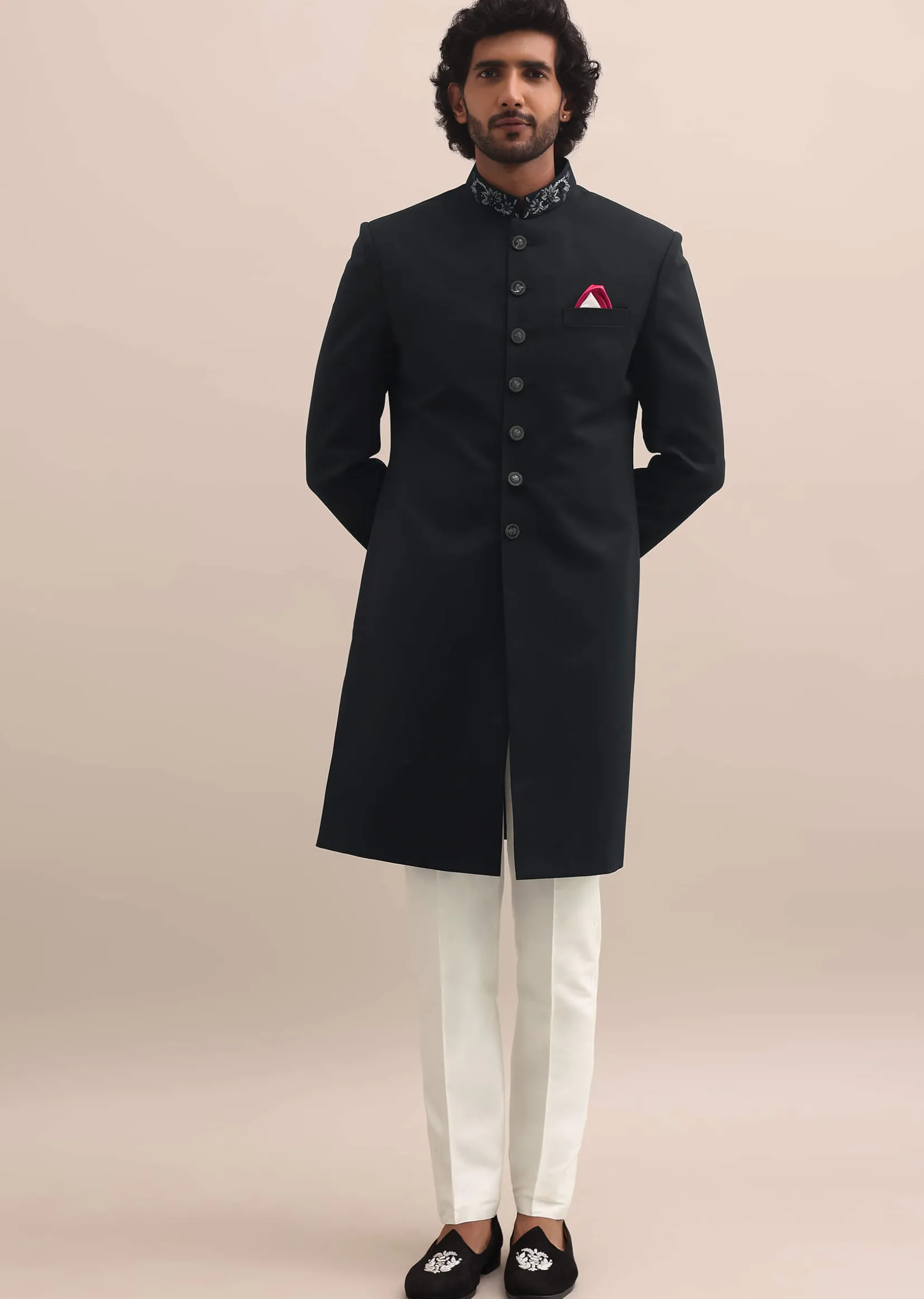 Black Cutdana Embroidered Sherwani For Men
