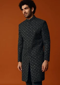 Black Cutdana Embroidered Indowestern Suit For Men