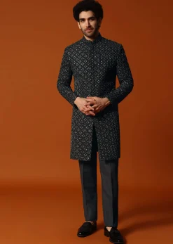 Black Cutdana Embroidered Indowestern Suit For Men